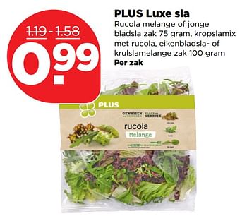 Aanbiedingen Plus luxe sla rucola melange of jonge bladsla kropslamix met rucola, eikenbladsla- of krulslamelange - Huismerk - Plus - Geldig van 04/11/2017 tot 11/11/2017 bij Plus