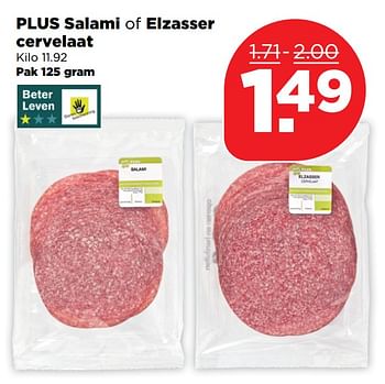 Aanbiedingen Plus salami of elzasser cervelaat - Huismerk - Plus - Geldig van 04/11/2017 tot 11/11/2017 bij Plus