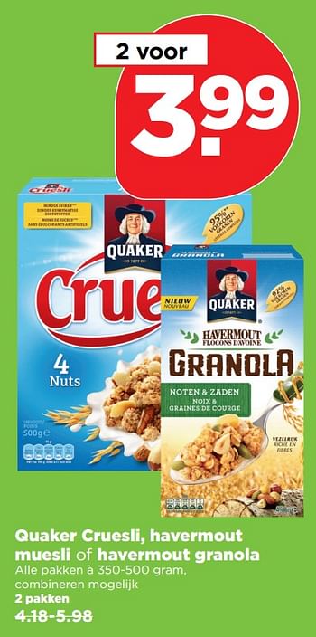 Aanbiedingen Quaker cruesli, havermout muesli of havermout granola - Quaker - Geldig van 04/11/2017 tot 11/11/2017 bij Plus