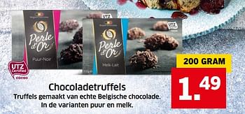 Aanbiedingen Chocoladetruffels truffels gemaakt van echte belgische chocolade - Perle d'or - Geldig van 05/11/2017 tot 31/12/2017 bij Lidl
