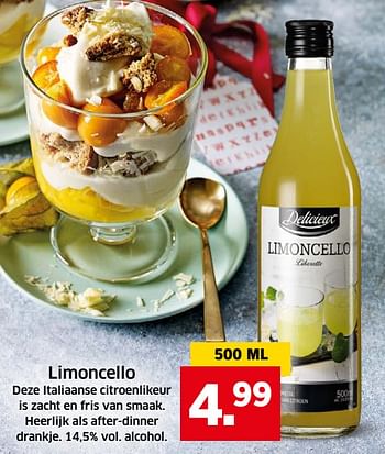 Aanbiedingen Limoncello deze italiaanse citroenlikeur is zacht en fris van smaak - Delicieux - Geldig van 05/11/2017 tot 31/12/2017 bij Lidl
