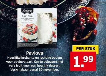 Aanbiedingen Pavlova heerlijke krokante en luchtige bodem voor pavlovataart - Delicieux - Geldig van 05/11/2017 tot 31/12/2017 bij Lidl