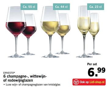 Aanbiedingen Ernesto 6 champagne-, wittewijn of rodewijnglazen - Ernesto - Geldig van 06/11/2017 tot 12/11/2017 bij Lidl