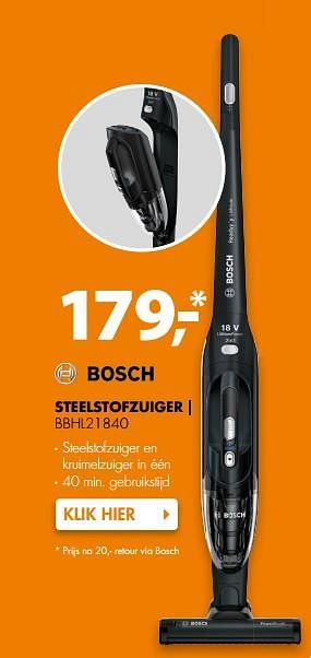 Aanbiedingen Bosch steelstofzuiger bbhl21840 - Bosch - Geldig van 06/11/2017 tot 12/11/2017 bij Expert