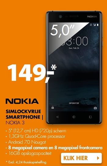 Aanbiedingen Simlockvrije smartphone nokia 3 - Nokia - Geldig van 06/11/2017 tot 12/11/2017 bij Expert