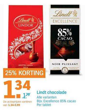 Aanbiedingen Excellence 85% cacao - Lindt - Geldig van 06/11/2017 tot 12/11/2017 bij Albert Heijn