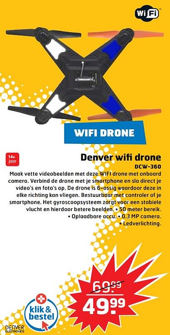 Aanbiedingen Denver wifi drone dcw-360 - Denver Electronics - Geldig van 05/11/2017 tot 31/12/2017 bij Trekpleister