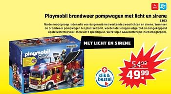 Aanbiedingen Playmobil brandweer pompwagen met licht en sirene - Playmobil - Geldig van 05/11/2017 tot 31/12/2017 bij Trekpleister
