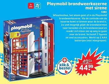 Aanbiedingen Playmobil brandweerkazerne met sirene - Playmobil - Geldig van 05/11/2017 tot 31/12/2017 bij Trekpleister