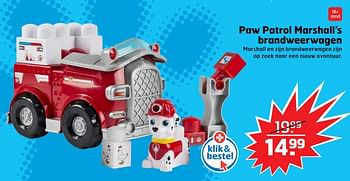 Aanbiedingen Paw patrol marshall`s brandweerwagen - PAW  PATROL - Geldig van 05/11/2017 tot 31/12/2017 bij Trekpleister