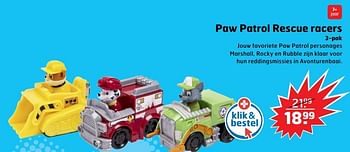 Aanbiedingen Paw patrol rescue racers - PAW  PATROL - Geldig van 05/11/2017 tot 31/12/2017 bij Trekpleister