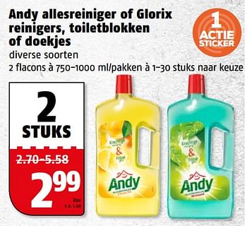 Aanbiedingen Andy allesreiniger of glorix reinigers, toiletblokken of doekjes - Andy - Geldig van 06/11/2017 tot 12/11/2017 bij Poiesz