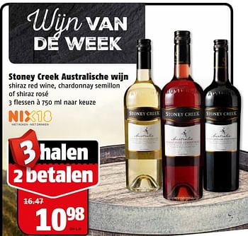 Aanbiedingen Stoney creek australische wijn shiraz red wine, chardonnay semillon of shiraz rosé - Rode wijnen - Geldig van 06/11/2017 tot 12/11/2017 bij Poiesz