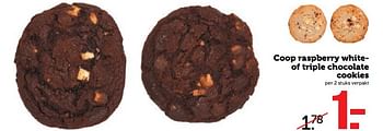 Aanbiedingen Coop raspberry whiteof triple chocolate cookies - Huismerk - Coop - Geldig van 06/11/2017 tot 12/11/2017 bij Coop