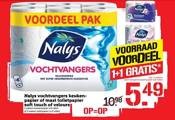 Aanbiedingen Nalys vochtvangers keukenpapier of maxi toiletpapier soft touch of velours - Nalys - Geldig van 06/11/2017 tot 12/11/2017 bij Coop