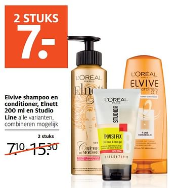 Aanbiedingen Elvive shampoo en conditioner, elnett en studio line alle varianten, combineren mogelijk - L'Oreal Paris - Geldig van 06/11/2017 tot 19/11/2017 bij Etos