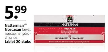 Aanbiedingen Natterman noscasan bevat noscapinehydrochloride, tablet - Natterman - Geldig van 06/11/2017 tot 19/11/2017 bij Etos