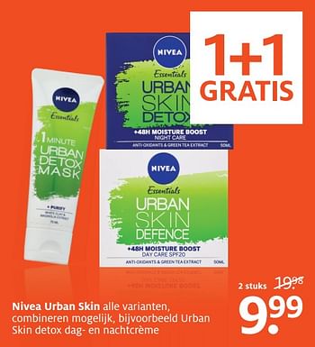 Aanbiedingen Nivea urban skin alle varianten, combineren mogelijk, urban skin detox dag- en nachtcrème - Nivea - Geldig van 06/11/2017 tot 19/11/2017 bij Etos