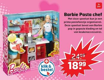 Aanbiedingen Barbie pasta chef - Mattel - Geldig van 05/11/2017 tot 31/12/2017 bij Trekpleister