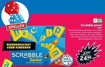 Aanbiedingen Scrabble junior y9671 - Mattel - Geldig van 05/11/2017 tot 31/12/2017 bij Trekpleister