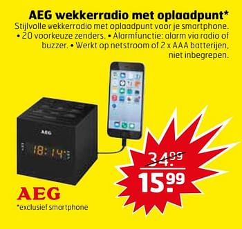 Aanbiedingen Aeg wekkerradio met oplaadpunt - AEG - Geldig van 07/11/2017 tot 12/11/2017 bij Trekpleister