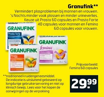 Aanbiedingen Femina 60 capsules - Granufink - Geldig van 07/11/2017 tot 12/11/2017 bij Trekpleister