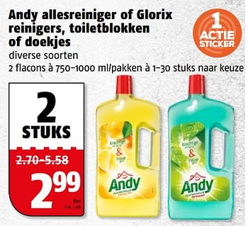 Aanbiedingen Andy allesreiniger of glorix reinigers, toiletblokken of doekjes - Andy - Geldig van 06/11/2017 tot 12/11/2017 bij Poiesz