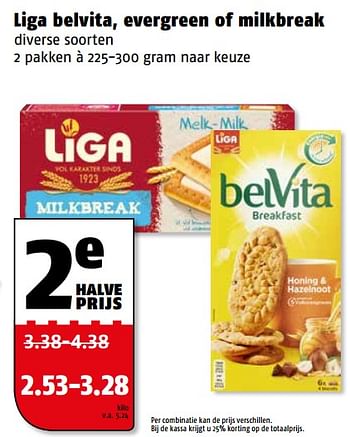 Aanbiedingen Liga belvita, evergreen of milkbreak - Liga - Geldig van 06/11/2017 tot 12/11/2017 bij Poiesz