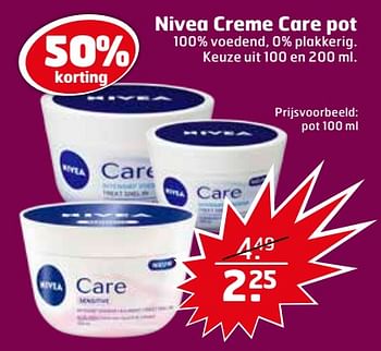 Aanbiedingen Nivea creme care pot 100% voedend 0% plakkerig - Nivea - Geldig van 07/11/2017 tot 12/11/2017 bij Trekpleister
