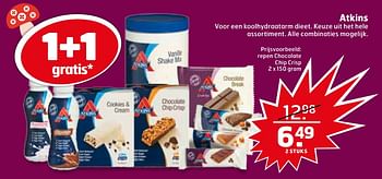 Aanbiedingen Repen chocolate chip crisp - Atkins - Geldig van 07/11/2017 tot 12/11/2017 bij Trekpleister