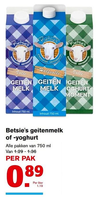 Aanbiedingen Betsie`s geitenmelk of -yoghurt - Betsie's - Geldig van 08/11/2017 tot 14/11/2017 bij Hoogvliet