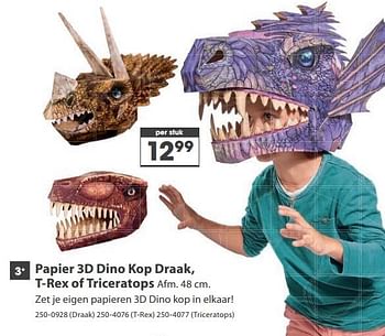 Aanbiedingen Papier 3d dino kop draak, t-rex of triceratops - Huismerk - Top1Toys - Geldig van 23/10/2017 tot 05/12/2017 bij Top1Toys