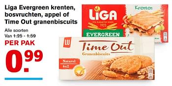 Aanbiedingen Liga evergreen krenten, bosvruchten, appel of time out granenbiscuits - Huismerk - Hoogvliet - Geldig van 08/11/2017 tot 14/11/2017 bij Hoogvliet
