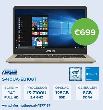 Aanbiedingen Asus laptop s410ua-eb108t - Asus - Geldig van 01/11/2017 tot 30/11/2017 bij Informatique