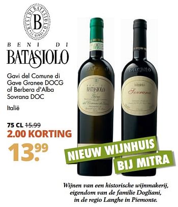 Aanbiedingen Beni di batasiolo gavi del comune di gave granee docg of berbera d`alba sovrana doc italië - Rode wijnen - Geldig van 06/11/2017 tot 18/11/2017 bij Mitra