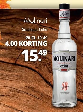 Aanbiedingen Molinari sambucca extra - Molinari - Geldig van 06/11/2017 tot 18/11/2017 bij Mitra