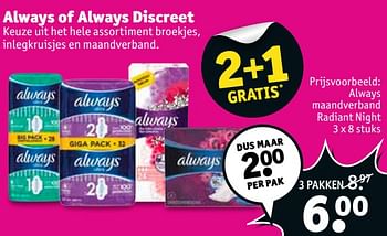Aanbiedingen Always maandverband radiant night - Always - Geldig van 07/11/2017 tot 19/11/2017 bij Kruidvat