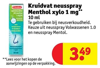 Aanbiedingen Kruidvat neusspray menthol xylo 1 mg - Huismerk - Kruidvat - Geldig van 07/11/2017 tot 19/11/2017 bij Kruidvat