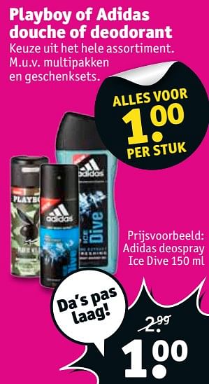 Aanbiedingen Adidas deospray ice dive - Playboy - Geldig van 07/11/2017 tot 19/11/2017 bij Kruidvat