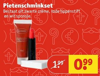 Aanbiedingen Pietenschminkset bestaat uit zwarte crème, rode lippenstift en wit sponsje - Huismerk - Kruidvat - Geldig van 07/11/2017 tot 19/11/2017 bij Kruidvat