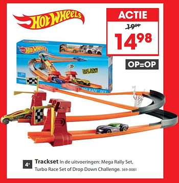 Aanbiedingen Trackset in de uitvoeringen mega rally set, turbo race set of drop down challenge - Hot Wheels - Geldig van 23/10/2017 tot 05/12/2017 bij Top1Toys