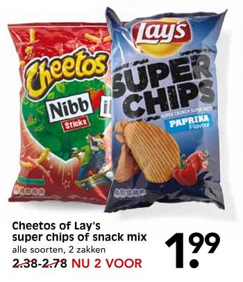 Aanbiedingen Cheetos of lay`s super chips of snack mi - Lay's - Geldig van 12/11/2017 tot 18/11/2017 bij Em-té