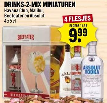 Aanbiedingen Drinks-2-mix miniaturen havana club, malibu, beefeater en absolut - Huismerk - Dirk III - Geldig van 12/11/2017 tot 31/12/2017 bij Dirk III