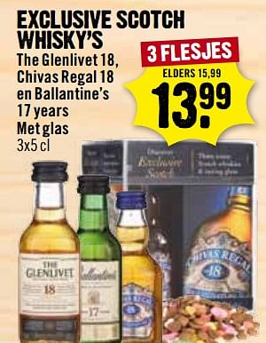 Aanbiedingen Exclusive scotch whisky`s the glenlivet 18, chivas regal 18 en ballantine`s 17 years met glas - Huismerk - Dirk III - Geldig van 12/11/2017 tot 31/12/2017 bij Dirk III