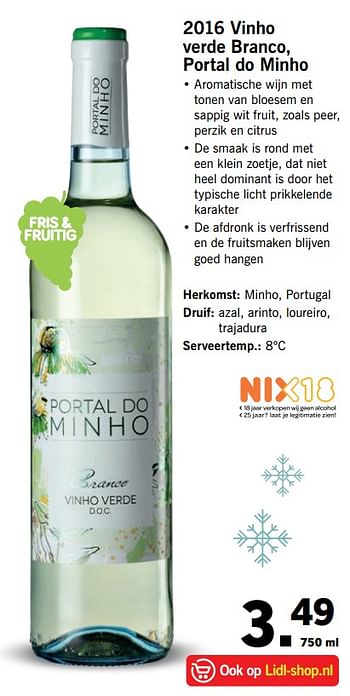 Aanbiedingen 2016 vinho verde branco, portal do minho - Witte wijnen - Geldig van 13/11/2017 tot 19/11/2017 bij Lidl