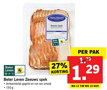 Aanbiedingen Beter leven zeeuws spek - Zwagerman - Geldig van 13/11/2017 tot 19/11/2017 bij Lidl
