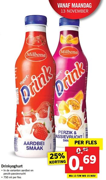Aanbiedingen Drinkyoghurt - Milbona - Geldig van 13/11/2017 tot 19/11/2017 bij Lidl