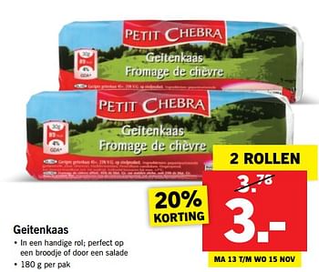Aanbiedingen Geitenkaas - Petit Chebra - Geldig van 13/11/2017 tot 19/11/2017 bij Lidl