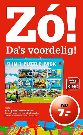 Aanbiedingen 9-in-1 puzzel funny vehicles - King - Geldig van 10/11/2017 tot 06/12/2017 bij Marskramer