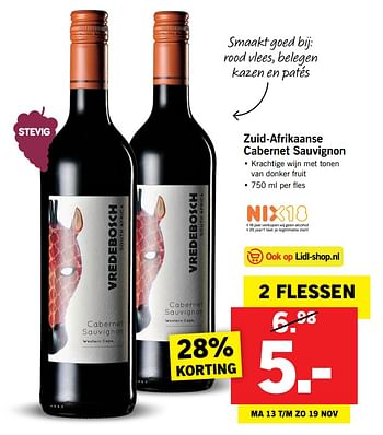 Aanbiedingen Zuid-afrikaanse cabernet sauvignon - Rode wijnen - Geldig van 13/11/2017 tot 19/11/2017 bij Lidl